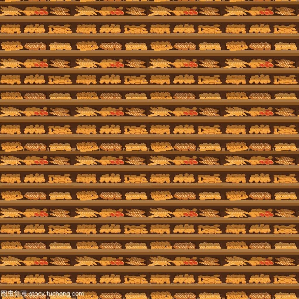 無縫模式面包店貨架里超市,大選擇的新鮮產品的銷售在食品商店內部,商店矢量插圖配面包